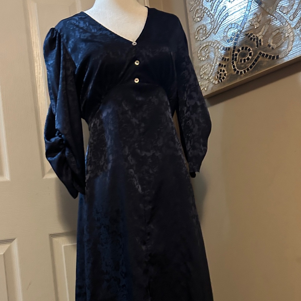 Emma & Michele Navy Blue Satin Dress with Button Detail